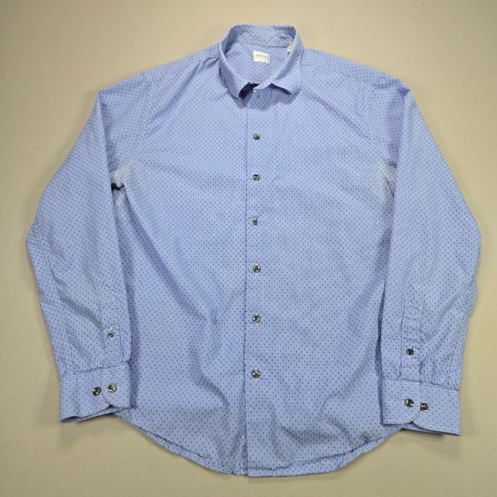 Armani Collezioni Men XL Blue Micro Pattern Cotton Long Sleeve Button Down Shirt